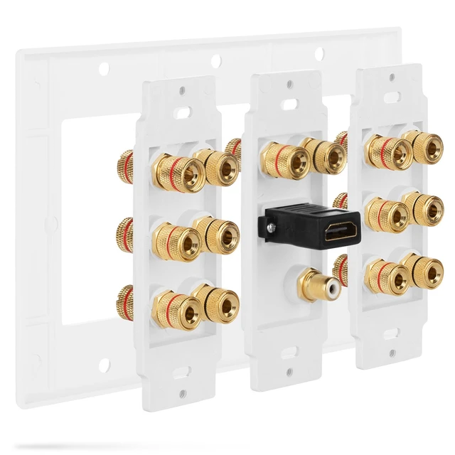 Alt view image 5 of 7 - 3-Gang 7.1 Surround Distribution Home Theater Wall Plate, White Gold Plated Copper Banana Binding Post Coupler Faceplate for 7 Speakers, One RCA Subwoofer Jack, and One HDMI Port Wire