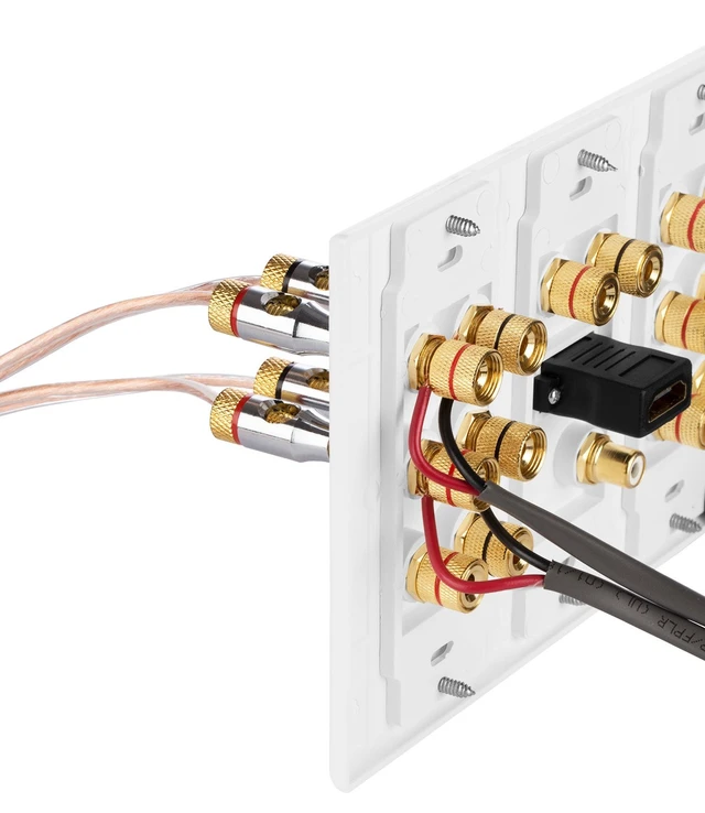 Alt view image 7 of 7 - 3-Gang 7.1 Surround Distribution Home Theater Wall Plate, White Gold Plated Copper Banana Binding Post Coupler Faceplate for 7 Speakers, One RCA Subwoofer Jack, and One HDMI Port Wire