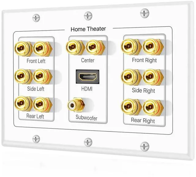 Main image of TNP 7.1 Home Theater Speaker Wall Plate, HDMI, Subwoofer, 3-Gang, White | White 3-Gang Variation: Speaker Outlet for 7 Speakers, 1 Rca Subwoofer and 1 Hdmi Device; Accepts Banana Plugs or Bare Wire