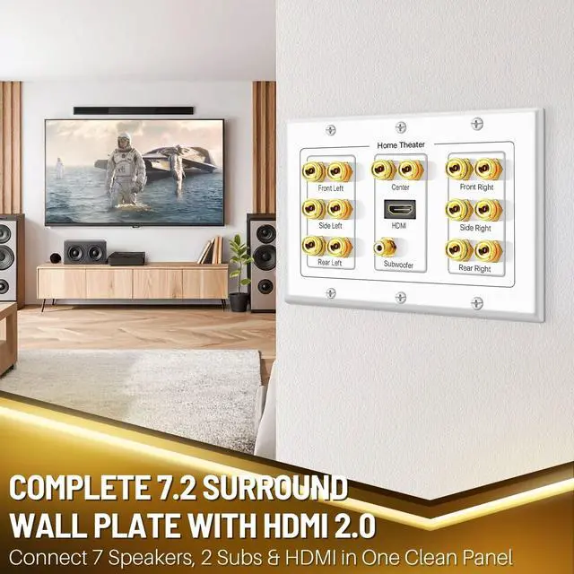 Alt view image 2 of 7 - TNP 7.1 Home Theater Speaker Wall Plate, HDMI, Subwoofer, 3-Gang, White | White 3-Gang Variation: Speaker Outlet for 7 Speakers, 1 Rca Subwoofer and 1 Hdmi Device; Accepts Banana Plugs or Bare Wire