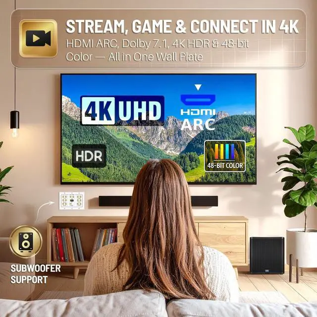 Alt view image 4 of 7 - TNP 7.1 Home Theater Speaker Wall Plate, HDMI, Subwoofer, 3-Gang, White | White 3-Gang Variation: Speaker Outlet for 7 Speakers, 1 Rca Subwoofer and 1 Hdmi Device; Accepts Banana Plugs or Bare Wire