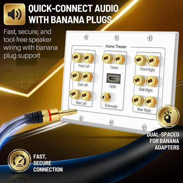 Alt view image 5 of 7 - TNP 7.1 Home Theater Speaker Wall Plate, HDMI, Subwoofer, 3-Gang, White | White 3-Gang Variation: Speaker Outlet for 7 Speakers, 1 Rca Subwoofer and 1 Hdmi Device; Accepts Banana Plugs or Bare Wire