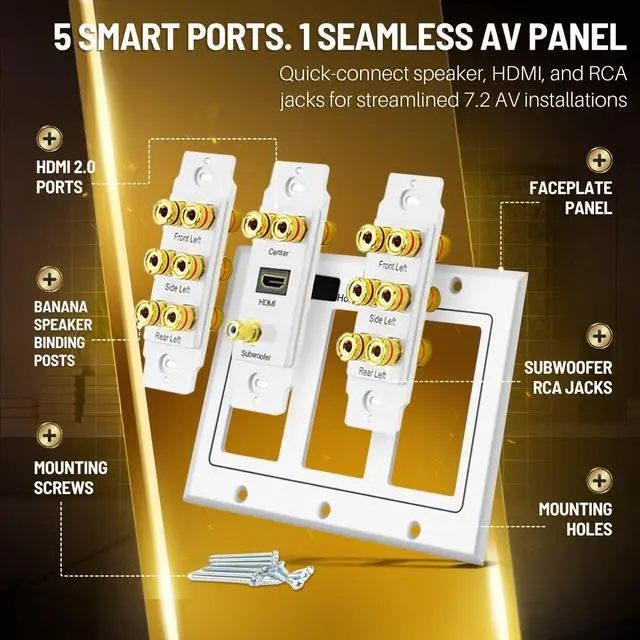 Alt view image 6 of 7 - TNP 7.1 Home Theater Speaker Wall Plate, HDMI, Subwoofer, 3-Gang, White | White 3-Gang Variation: Speaker Outlet for 7 Speakers, 1 Rca Subwoofer and 1 Hdmi Device; Accepts Banana Plugs or Bare Wire