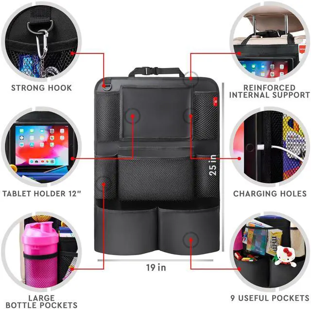Alt view image 6 of 7 - Backseat Car Organizer, Kick Mats Back Seat Protector with Touch Screen Tablet Holder, Back Seat Organizer for Kids, Travel Accessories with 9 Storage Pockets 2 Pack, Black