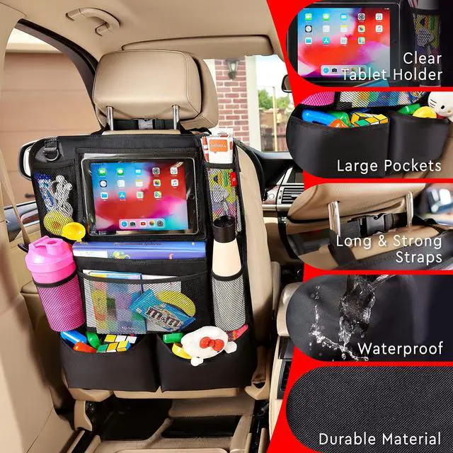 Alt view image 4 of 7 - Backseat Car Organizer, Kick Mats Back Seat Protector with Touch Screen Tablet Holder, Back Seat Organizer for Kids, Travel Accessories with 9 Storage Pockets 2 Pack, Black