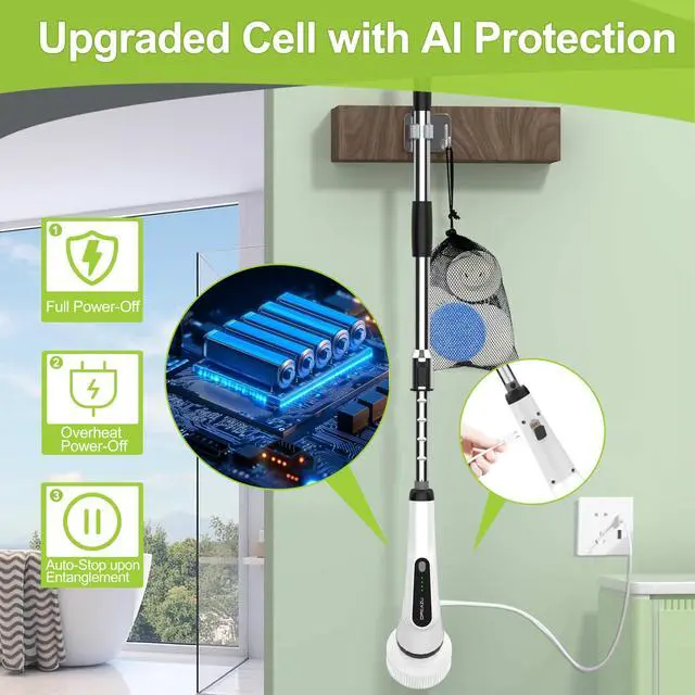 Alt view image 6 of 7 - Electric Spin Scrubber, 10-in-1 Shower Scrubber & Retractable Long Handle, 44 lbs High-Torque & Variable Speed Shower Cleaning Brush for Bathroom,Toilet, Bathtub, Kitchen, Tile Floors