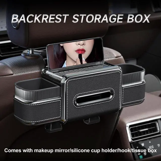 Alt view image 2 of 7 - Multifunctional Car Seat Back Organizer Box with Drink Cup Holder, Makeup Mirror, Tissue Box& Hooks for Car Seat Back, New Upgrade Car Headrest Backseat Organizer Suitability for Wife, Girlfriend