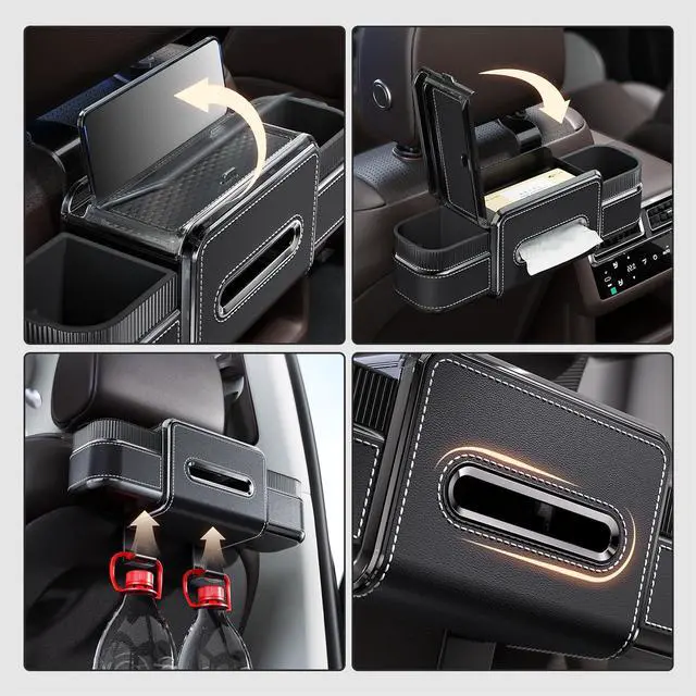 Alt view image 4 of 7 - Multifunctional Car Seat Back Organizer Box with Drink Cup Holder, Makeup Mirror, Tissue Box& Hooks for Car Seat Back, New Upgrade Car Headrest Backseat Organizer Suitability for Wife, Girlfriend