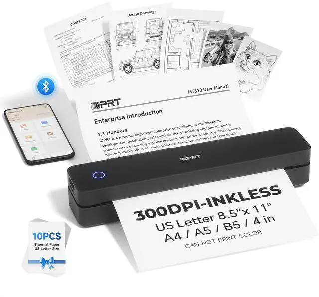 Main image of Portable Printer Wireless for Travel - Bluetooth Mobile Printer Support for 8.5"x11" US Letter, Inkless Compatible with iOS, Android, Laptop for Office, Car and Home (300DPI, Black)