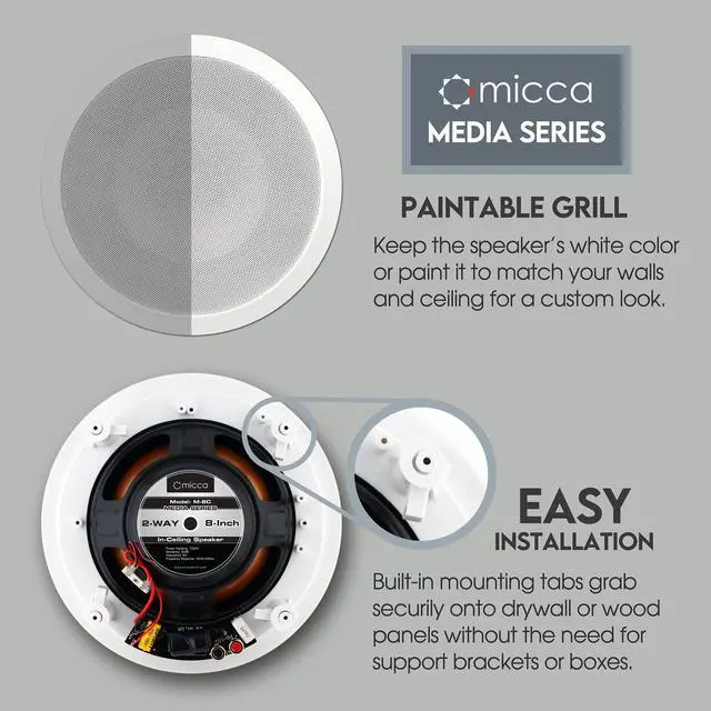Alt view image 3 of 7 - M-8C 8-Inch 2-Way in-Ceiling Speaker, Round, Each, Paintable, White | 9.4-Inch Cutout Diameter, Whole House Audio, Home Theater, Indoor or Covered Outdoor, 8" Woofer, 1" Aimable Silk Tweeter