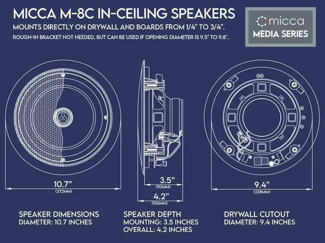 Alt view image 6 of 7 - M-8C 8-Inch 2-Way in-Ceiling Speaker, Round, Each, Paintable, White | 9.4-Inch Cutout Diameter, Whole House Audio, Home Theater, Indoor or Covered Outdoor, 8" Woofer, 1" Aimable Silk Tweeter