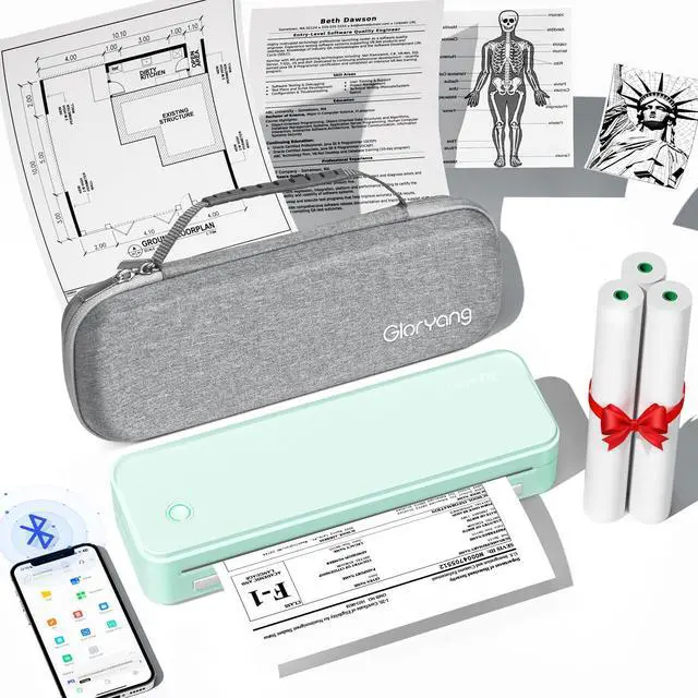 Main image of Inkless Portable Printer for Travel, Wireless Thermal Printer Supports 8.5 x 11 Inch Thermal Paper, Bluetooth Machine Includes Carry Case and 3 Rolls of Paper Kit, Green