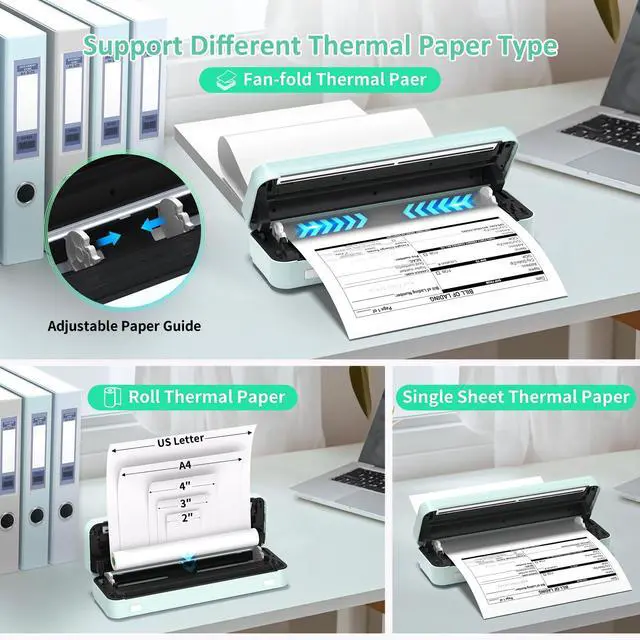 Alt view image 7 of 7 - Inkless Portable Printer for Travel, Wireless Thermal Printer Supports 8.5 x 11 Inch Thermal Paper, Bluetooth Machine Includes Carry Case and 3 Rolls of Paper Kit, Green
