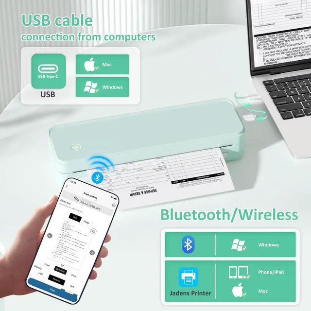 Alt view image 3 of 7 - Inkless Portable Printer for Travel, Wireless Thermal Printer Supports 8.5 x 11 Inch Thermal Paper, Bluetooth Machine Includes Carry Case and 3 Rolls of Paper Kit, Green