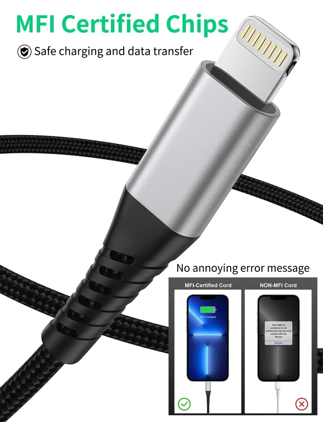 Alt view image 4 of 7 - 2FT USB C to Lightning Cable, 2 Pack Short iPhone Charging Cable Braided | 2 Foot, Type C to Lightning, PD Fast Charging, MFi Certified, for iPhone 14 13 12 11 Pro Max Mini 10 8 7 Plus XR XS SE