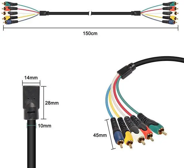 Alt view image 4 of 7 - 5-RCA Male RGB Component Audio Video Cable,5-RCA Male to 5RCA Male Gold Plated Cable for DVD,TV/HDTV, VCR's, CD Players VCR, Camcorder, Projector1.5M