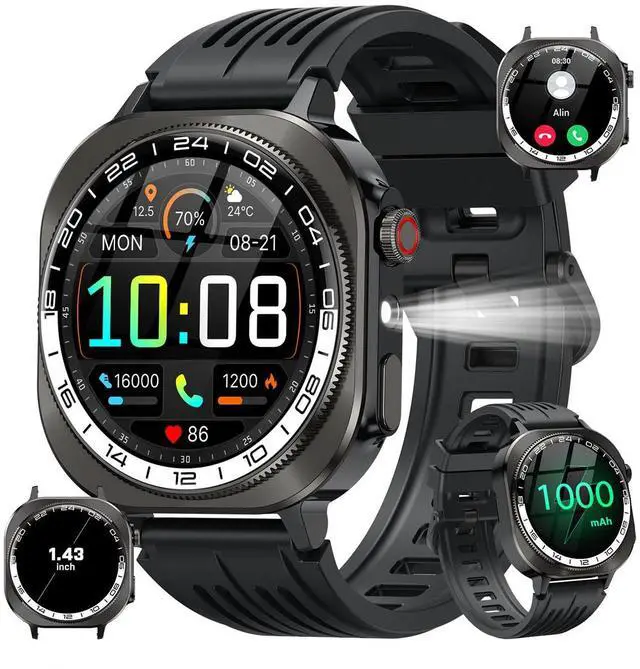 Main image of Military Smart Watches for Men(Answer/Make Call), AMOLED 1.43" Smartwatch, Flashlight/130+ Sports/Heart Rate/Sleep Monitor/Fitness Activity Tracker, IP68 Waterproof Fitness Watch for Android iOS