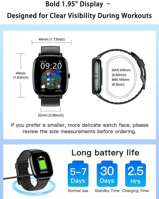 Alt view image 7 of 7 - Smart Watches for Men Women with GPS Built-in, Answer/Make Calls, 1.95" Smartwatch for iPhone/Android Phones, Fitness Watch with Heart Rate/Sleep Monitor 100+ Sports Modes IP68 Waterproof (Black)