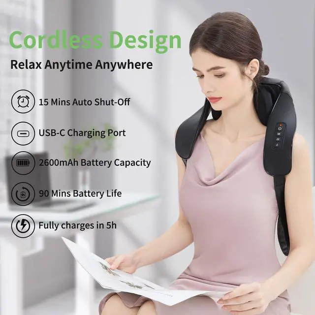 Alt view image 2 of 7 - Shiatsu Neck and Back Massager with Heat, Upgraded 2600mAh Cordless Shoulder Massager Deep Tissue 6D Kneading, Massages Pillow for Neck, Back, Shoulder, Foot, Body Gifts for Fathers Mom Dad