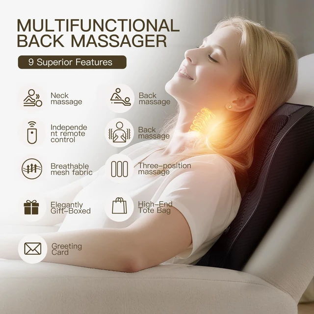 Alt view image 3 of 7 - Back Massager with Heat, 20-Node 3D Shiatsu Deep Tissue Soothe Soreness, Neck & Shoulder Massager 3 Intensities, Portable Cordless Massage Pillow for Home Office Travel, Gift for Men Women Mom Dad