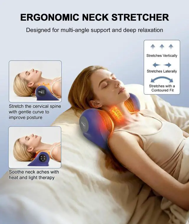 Alt view image 2 of 7 - Neck Massager with Heat, Red Light & Vibration Adjustable, Heated Neck Stretcher with 3 Modes, Rechargeable Cervical Traction Device for Pain Relief & Muscle Relaxation, Gift for Women Men