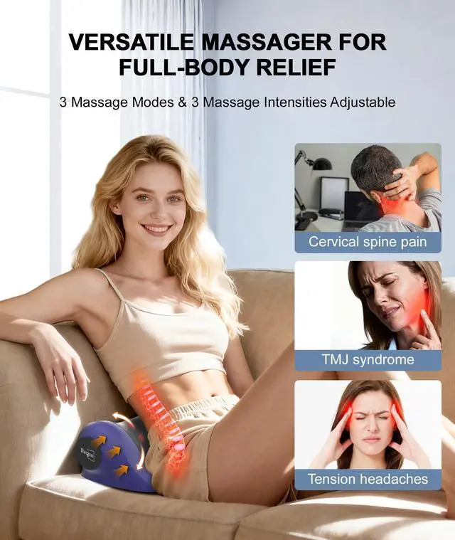 Alt view image 6 of 7 - Neck Massager with Heat, Red Light & Vibration Adjustable, Heated Neck Stretcher with 3 Modes, Rechargeable Cervical Traction Device for Pain Relief & Muscle Relaxation, Gift for Women Men