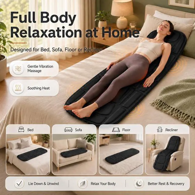 Alt view image 2 of 7 - Full Body Massage Mat with Heat, Vibration Massage Mattress Pad with Lumbar Support Cushion, Foldable Massage Mat for Bed, Sofa & Floor, Relaxation & Comfort