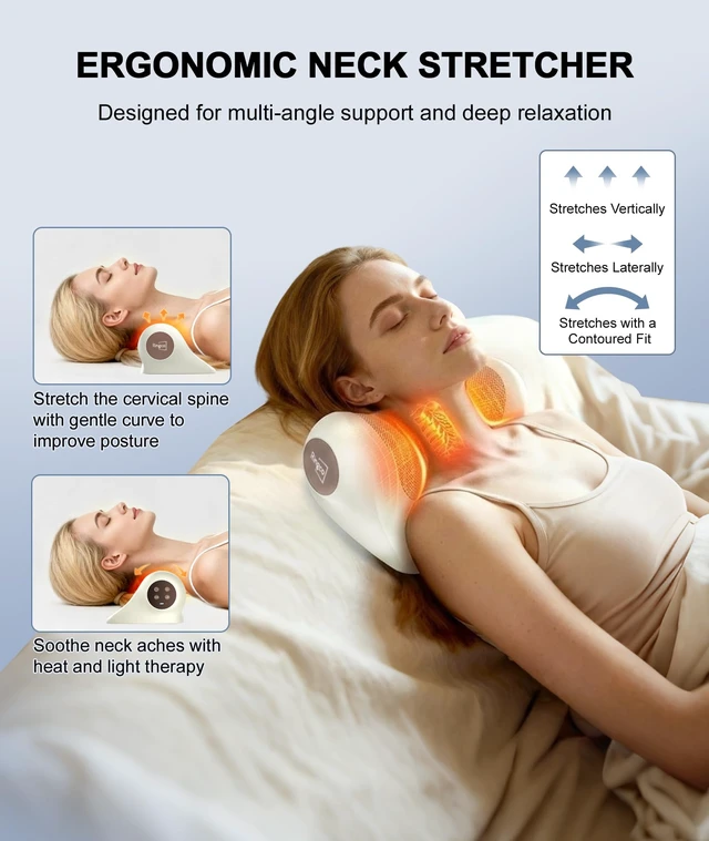 Alt view image 3 of 7 - Neck Massager with Heat, Red Light & Vibration Adjustable, Heated Neck Stretcher with 3 Modes, Rechargeable Cervical Traction Device for Pain Relief & Muscle Relaxation, Gift for Women Men