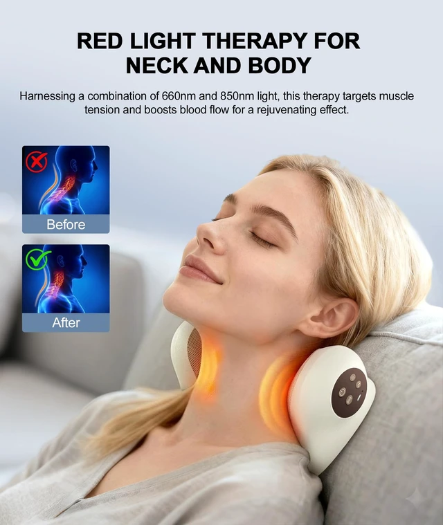 Alt view image 2 of 7 - Neck Massager with Heat, Red Light & Vibration Adjustable, Heated Neck Stretcher with 3 Modes, Rechargeable Cervical Traction Device for Pain Relief & Muscle Relaxation, Gift for Women Men