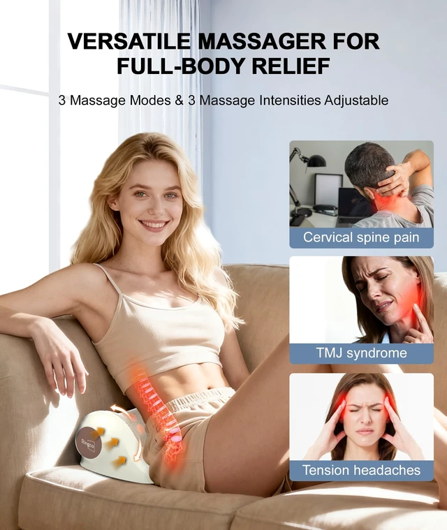 Alt view image 6 of 7 - Neck Massager with Heat, Red Light & Vibration Adjustable, Heated Neck Stretcher with 3 Modes, Rechargeable Cervical Traction Device for Pain Relief & Muscle Relaxation, Gift for Women Men