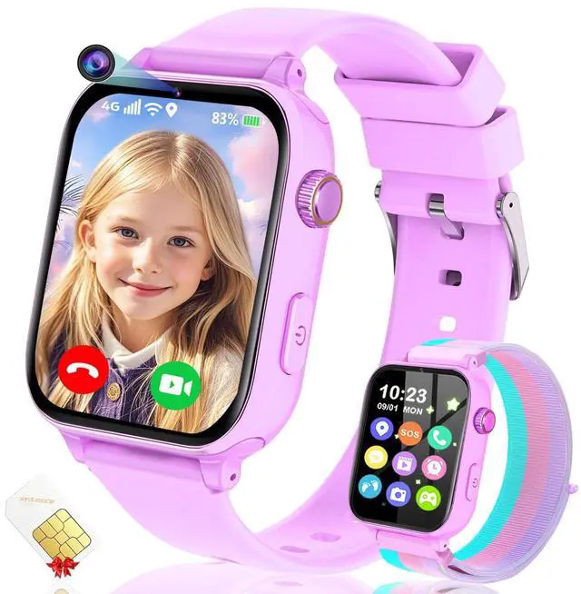 Main image of 4G Kids Smart Watch GPS Tracker, Smartwatch for Kid with Video Calling, Voice Chat, Class Mode, SOS , Pedometer, Alarm, SIM Card HD Touch Screen Phone Watch Gift for 4-12 Girls Boys (Light Purple)