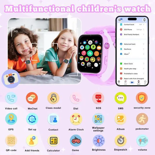 Alt view image 2 of 7 - 4G Kids Smart Watch GPS Tracker, Smartwatch for Kid with Video Calling, Voice Chat, Class Mode, SOS , Pedometer, Alarm, SIM Card HD Touch Screen Phone Watch Gift for 4-12 Girls Boys (Light Purple)