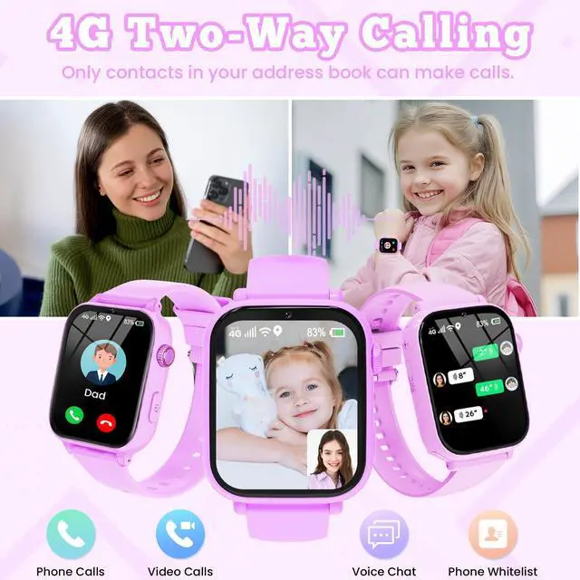 Alt view image 3 of 7 - 4G Kids Smart Watch GPS Tracker, Smartwatch for Kid with Video Calling, Voice Chat, Class Mode, SOS , Pedometer, Alarm, SIM Card HD Touch Screen Phone Watch Gift for 4-12 Girls Boys (Light Purple)