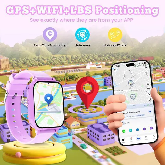 Alt view image 4 of 7 - 4G Kids Smart Watch GPS Tracker, Smartwatch for Kid with Video Calling, Voice Chat, Class Mode, SOS , Pedometer, Alarm, SIM Card HD Touch Screen Phone Watch Gift for 4-12 Girls Boys (Light Purple)