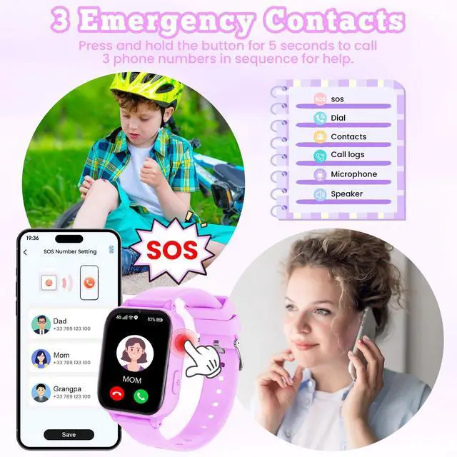 Alt view image 5 of 7 - 4G Kids Smart Watch GPS Tracker, Smartwatch for Kid with Video Calling, Voice Chat, Class Mode, SOS , Pedometer, Alarm, SIM Card HD Touch Screen Phone Watch Gift for 4-12 Girls Boys (Light Purple)