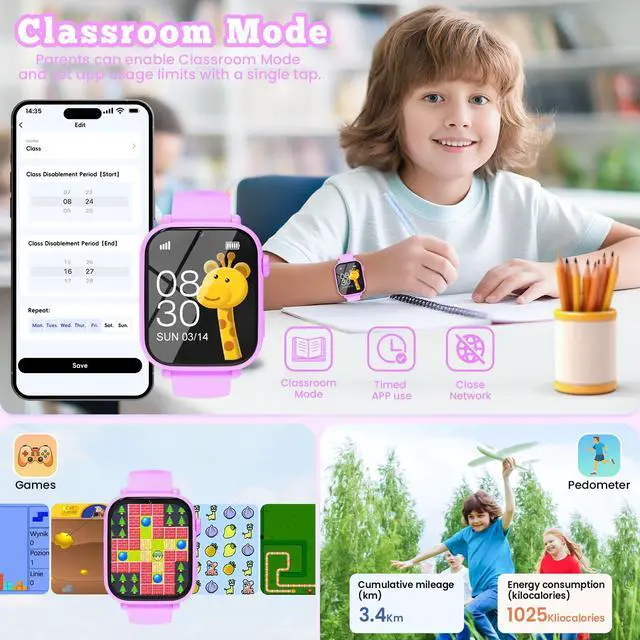Alt view image 6 of 7 - 4G Kids Smart Watch GPS Tracker, Smartwatch for Kid with Video Calling, Voice Chat, Class Mode, SOS , Pedometer, Alarm, SIM Card HD Touch Screen Phone Watch Gift for 4-12 Girls Boys (Light Purple)