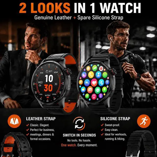 Alt view image 3 of 7 - Watch for Men with GPS Offline Maps, 1.46"AI Smartwatch, BT Call/Text Reply, Heart Rate/ Sleep Monitor/Health Analysis, 100+ Sports, 5ATM Waterproof Fitness Tracker for Android iOS 2 Bands