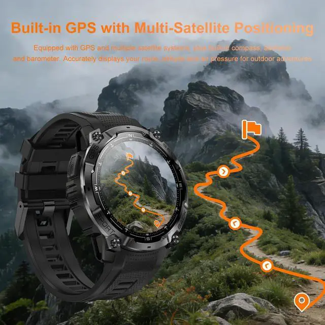 Alt view image 2 of 7 - Rugged Military Smart Watch for Men with GPS, 1.43'' Fitness Tracker Watch with Bluetooth Call/Flashlight/Compass, 170+ Sports Modes Waterproof Mens Smartwatch for Android iPhone