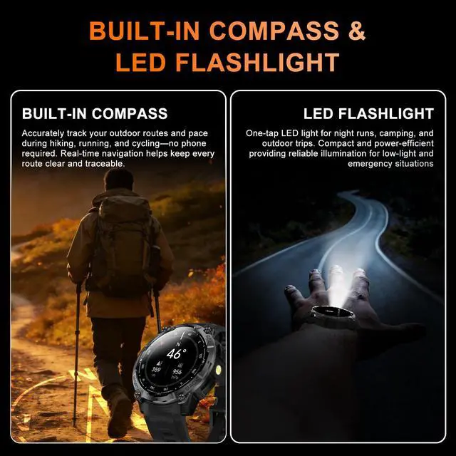 Alt view image 3 of 7 - Rugged Military Smart Watch for Men with GPS, 1.43'' Fitness Tracker Watch with Bluetooth Call/Flashlight/Compass, 170+ Sports Modes Waterproof Mens Smartwatch for Android iPhone