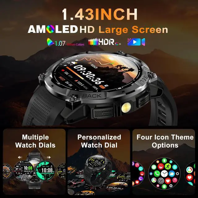 Alt view image 4 of 7 - Rugged Military Smart Watch for Men with GPS, 1.43'' Fitness Tracker Watch with Bluetooth Call/Flashlight/Compass, 170+ Sports Modes Waterproof Mens Smartwatch for Android iPhone