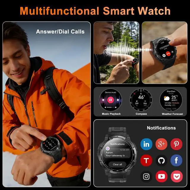 Alt view image 5 of 7 - Rugged Military Smart Watch for Men with GPS, 1.43'' Fitness Tracker Watch with Bluetooth Call/Flashlight/Compass, 170+ Sports Modes Waterproof Mens Smartwatch for Android iPhone