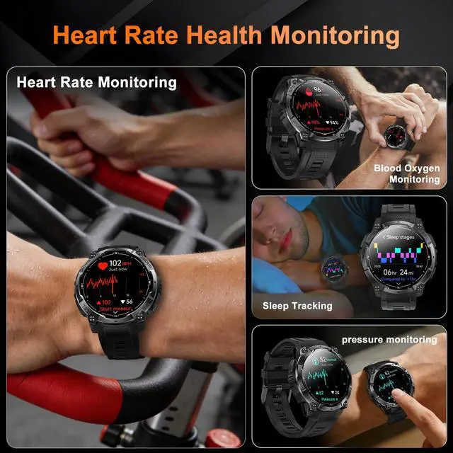 Alt view image 6 of 7 - Rugged Military Smart Watch for Men with GPS, 1.43'' Fitness Tracker Watch with Bluetooth Call/Flashlight/Compass, 170+ Sports Modes Waterproof Mens Smartwatch for Android iPhone