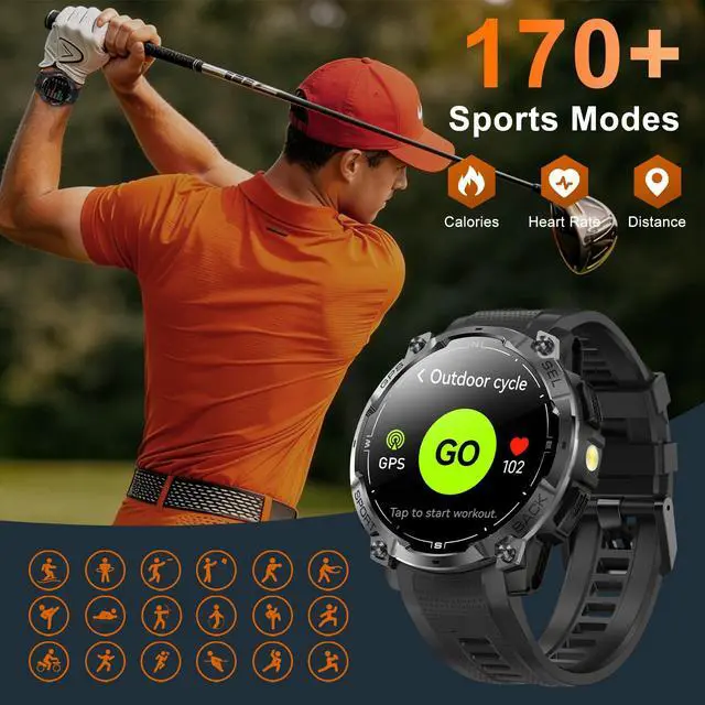 Alt view image 7 of 7 - Rugged Military Smart Watch for Men with GPS, 1.43'' Fitness Tracker Watch with Bluetooth Call/Flashlight/Compass, 170+ Sports Modes Waterproof Mens Smartwatch for Android iPhone