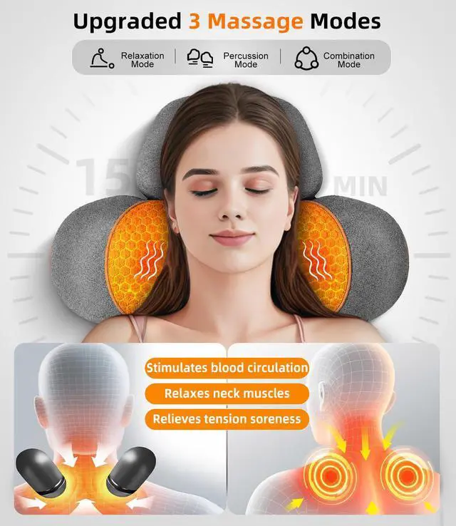 Alt view image 4 of 7 - Cordless Heated Neck Massager Pillow for Pain Relief Deep Tissue, 3-in-1 Rechargeable Neck Cervical Traction Device with Heat, , Electric Stretch, Ergonomic Shoulder Relaxer,Grey