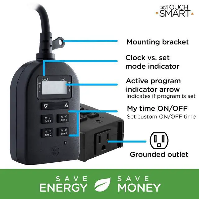 Alt view image 4 of 7 - Indoor/Outdoor Plug-in Digital Timer, One Grounded Outlet, Two Easy-to-Set Custom Daily On/Off Times, Weather Resistant, Ideal for Small Pumps and Seasonal Lighting, 36027
