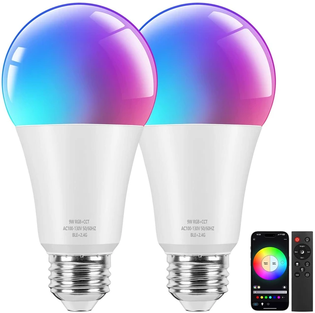 Main image of Smart A19 LED Light Bulbs, 60W Equivalent 800LM Color Changing E26 9W Bluetooth Light Bulbs with Remote Control, 16 Million DIY Colors RGBWW, Music Sync, 2-Pack