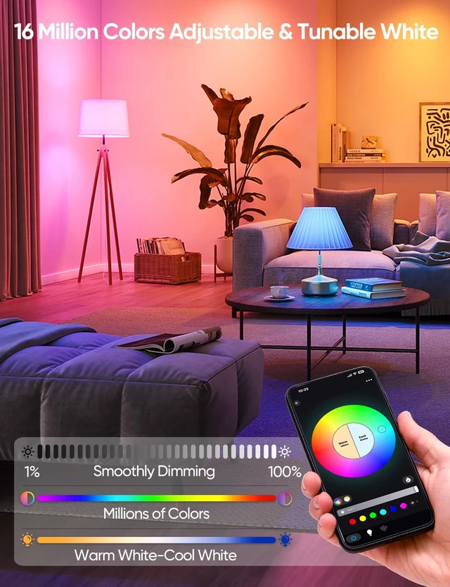 Alt view image 2 of 7 - Smart A19 LED Light Bulbs, 60W Equivalent 800LM Color Changing E26 9W Bluetooth Light Bulbs with Remote Control, 16 Million DIY Colors RGBWW, Music Sync, 2-Pack