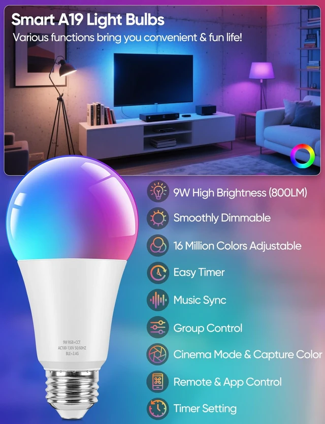 Alt view image 4 of 7 - Smart A19 LED Light Bulbs, 60W Equivalent 800LM Color Changing E26 9W Bluetooth Light Bulbs with Remote Control, 16 Million DIY Colors RGBWW, Music Sync, 2-Pack
