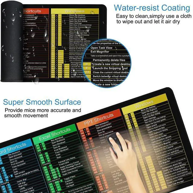Alt view image 3 of 7 - Excel Shortcuts Large Mouse Pad, Excel/Word/Power Point/Windows 31.5" x 15.7" Gaming Mousepad with Stitched Edge, Non-Slip Rubber Base Waterproof Big Long Keyboard Mat for Gamer, Office & Home