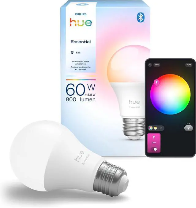 Main image of Essential Smart LED A19 Bulb, White and Color Ambiance, E26 Base, 8.8W, 2200K-6500K, 800 Lumens, Dimmable, Works with Alexa, Google, and Apple Home, 1-Pack